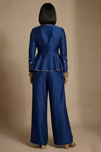 Blue embroidered raw silk co ord set