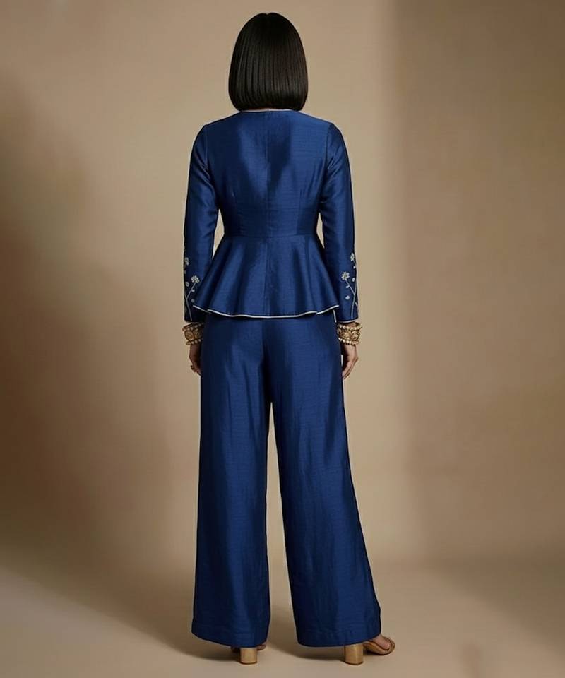 Blue embroidered raw silk co ord set