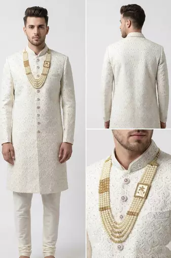 white silk sherwani with detailed hand embroidery