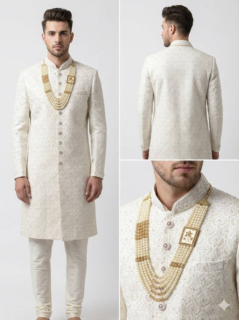 white silk sherwani with detailed hand embroidery