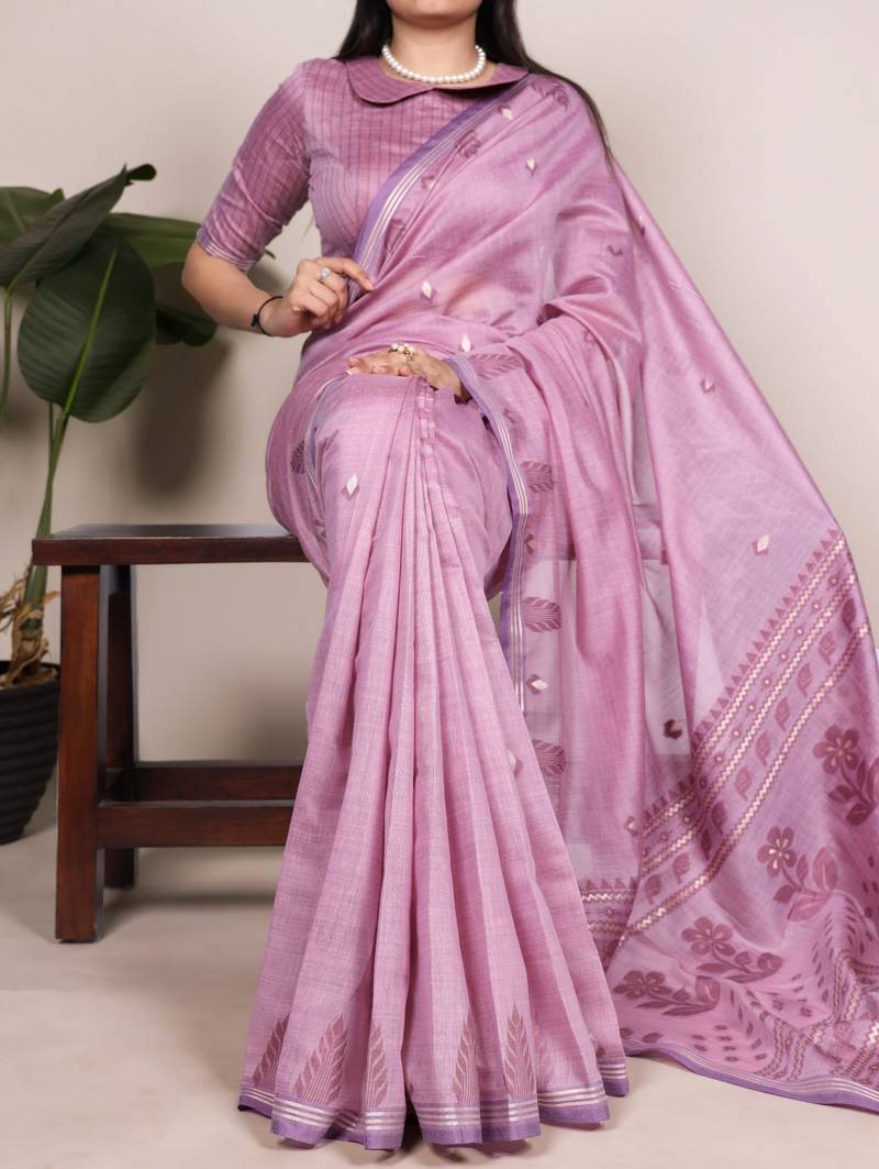 Light Magenta color Woven With Zari Weaving   Cotton Silk Saree