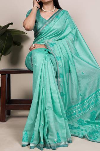 Teal  color Woven With Zari Weaving   Cotton Silk Saree