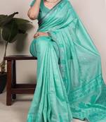 teal cotton silk saree with woven zari designs