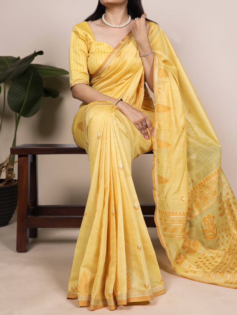 Yellow  color Woven With Zari Weaving   Cotton Silk Saree