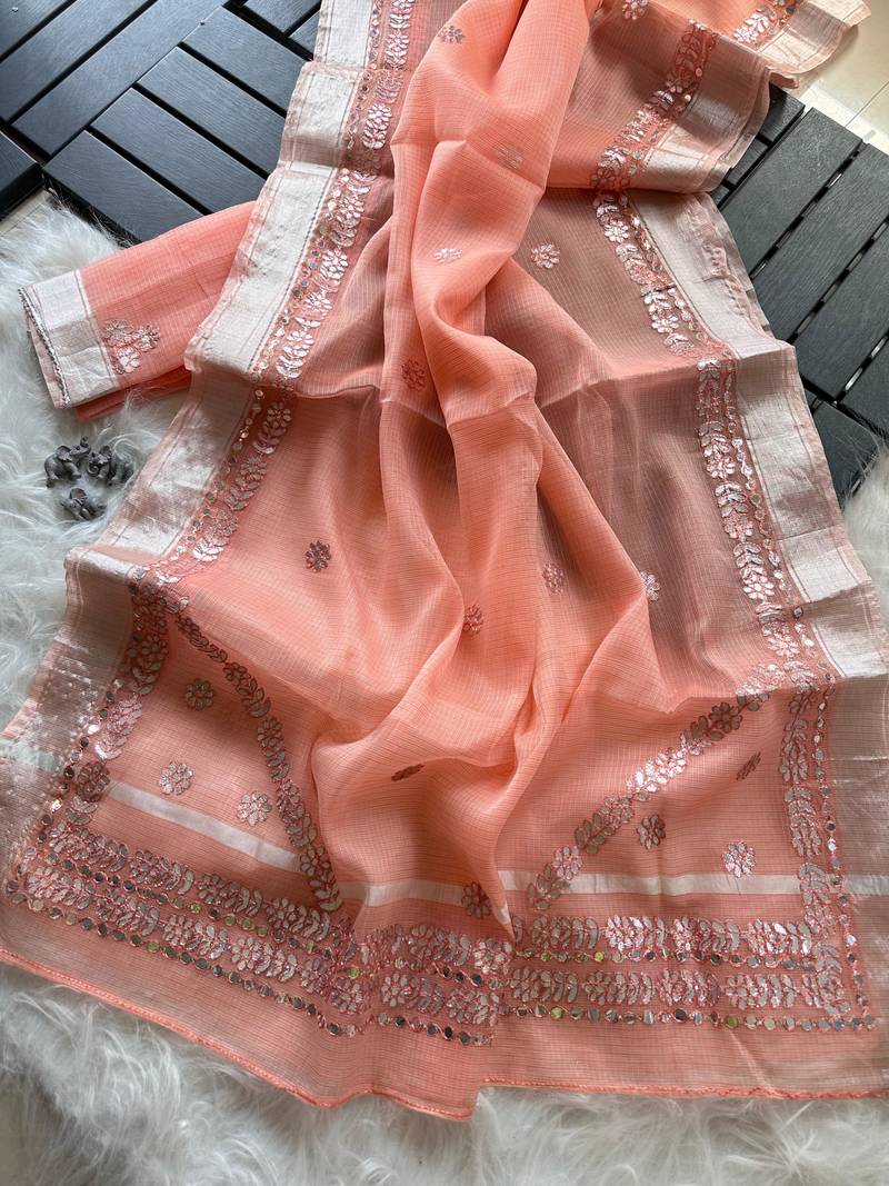 Peach Color gotapatti work Kota doriya fabric Saree
