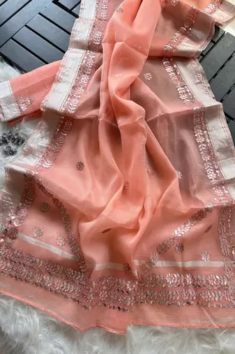 Peach Color gotapatti work Kota doriya fabric Saree