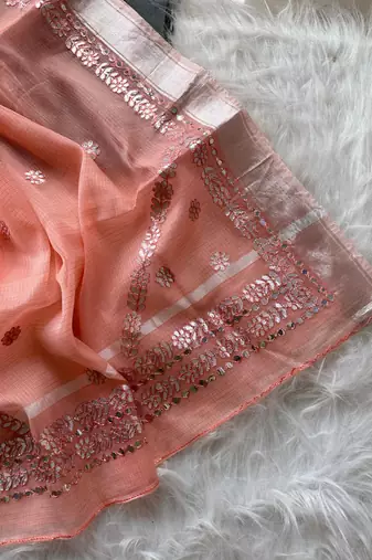 peach kota doriya cotton saree with gotapatti work