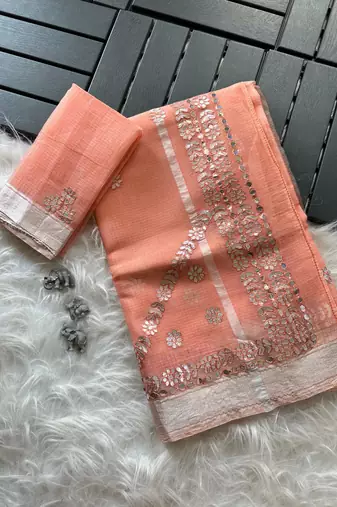 peach kota doriya cotton saree with gotapatti work