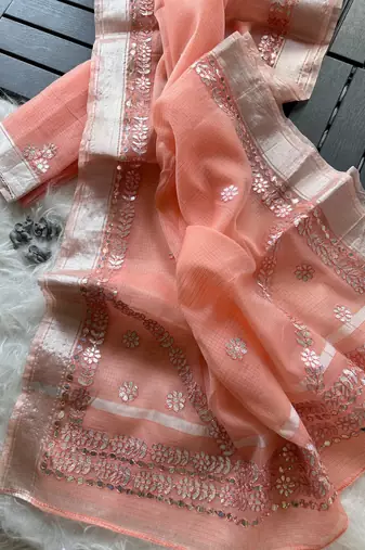 peach kota doriya cotton saree with gotapatti work