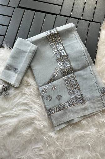 Grey Color gotapatti work Kota doriya fabric Saree