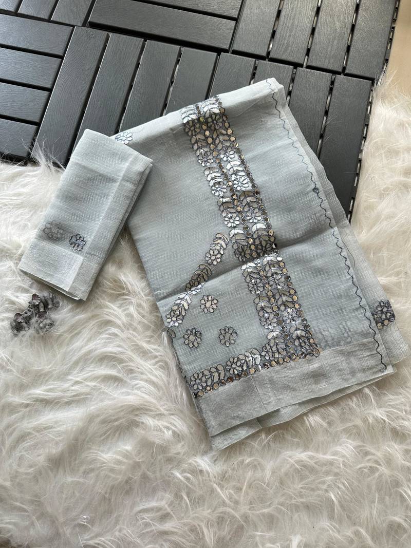 Grey Color gotapatti work Kota doriya fabric Saree