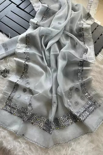 grey kota doriya cotton saree with gotapatti work