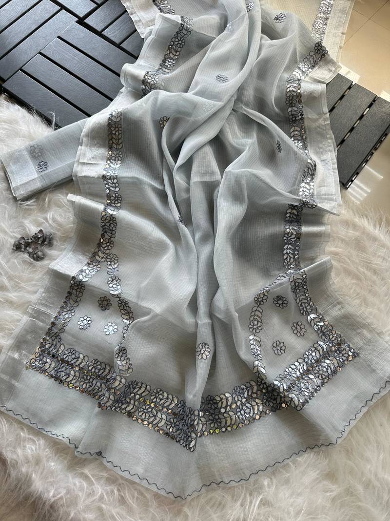 Grey Color gotapatti work Kota doriya fabric Saree