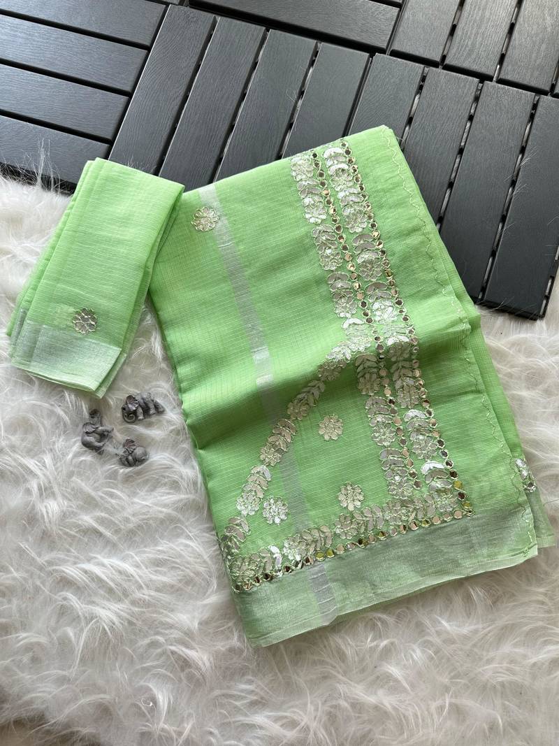 Light Green Color gotapatti work Kota doriya fabric Saree