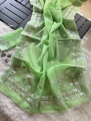 light green kota doriya cotton saree with gotapatti work 2