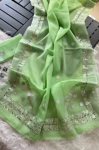light green kota doriya cotton saree with gotapatti work