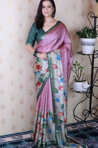 Pink tussar silk kalamkari print zari woven border saree with contrast blouse piece\