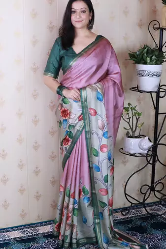Pink tussar silk kalamkari print zari woven border saree with contrast blouse piece\