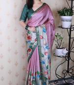 pink kalamkari print tussar silk saree with zari border