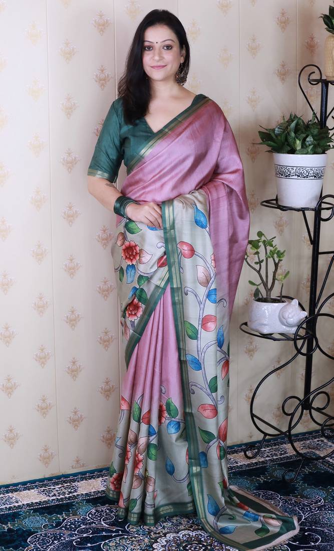 Pink tussar silk kalamkari print zari woven border saree with contrast blouse piece\