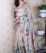 beige kalamkari print tussar silk saree with zari border