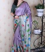 lavender kalamkari print tussar silk saree with zari border