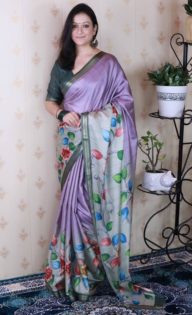 Lavender tussar silk kalamkari print zari woven border saree with contrast blouse piece