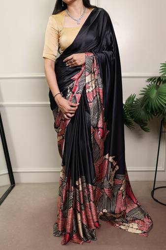 Black color Printed  Satin Silk Saree