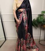Black color Printed  Satin Silk Saree