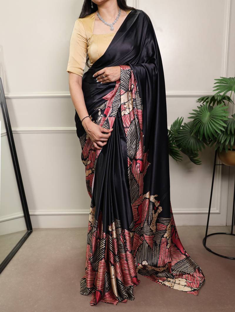 Black color Printed  Satin Silk Saree