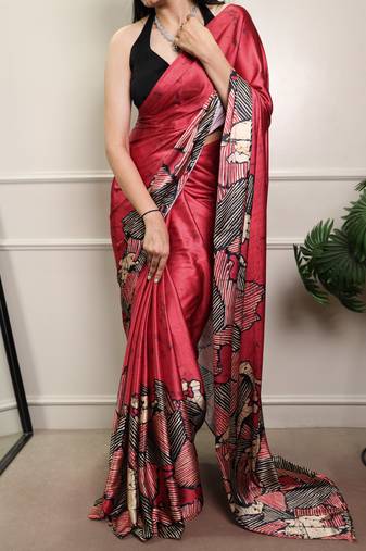 Red color Printed  Satin Silk Saree