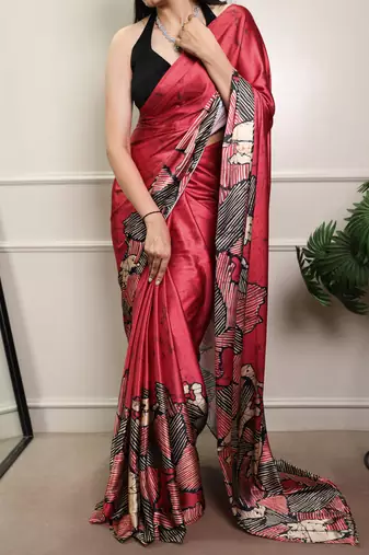 Red color Printed  Satin Silk Saree