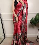 Red color Printed  Satin Silk Saree