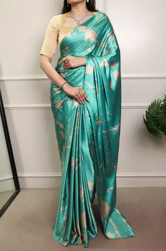 Teal color Printed  Satin Silk Saree