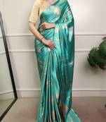 tea printed satin silk saree with contrast black blouse