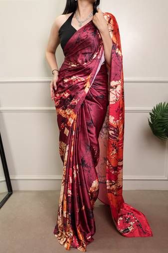 Wine color Printed  Satin Silk Saree