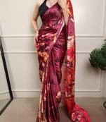 Wine color Printed  Satin Silk Saree