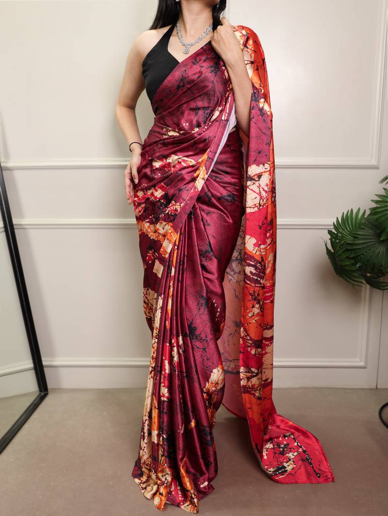 Wine color Printed  Satin Silk Saree