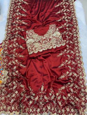 red designer silk saree with sequin work embroidery 1