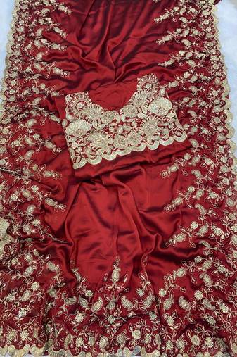 Red Color Seqnce Work Embroidery Silk Saree