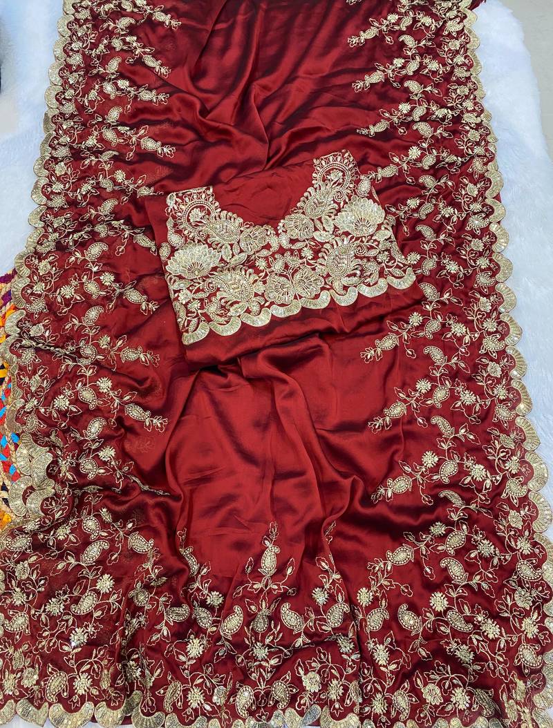 Red Color Seqnce Work Embroidery Silk Saree