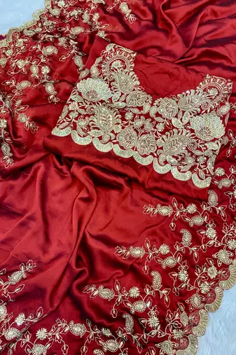 red designer silk saree with sequin work embroidery