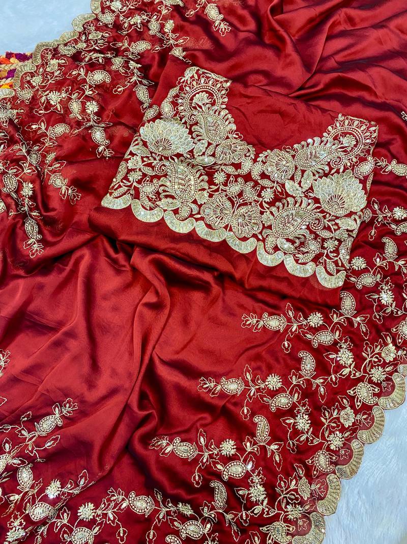 Red Color Seqnce Work Embroidery Silk Saree