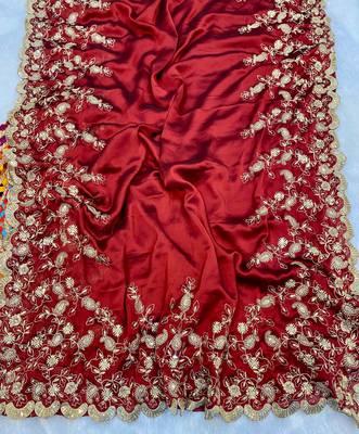 red designer silk saree with sequin work embroidery 3