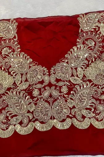 red designer silk saree with sequin work embroidery