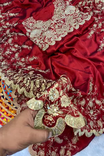 red designer silk saree with sequin work embroidery