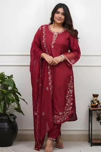 Women's Beautiful Embroidery Work Roman Silk Fabric Straight Kurta Pant and Dupatta Set