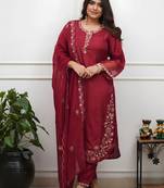 Women's Beautiful Embroidery Work Roman Silk Fabric Straight Kurta Pant and Dupatta Set