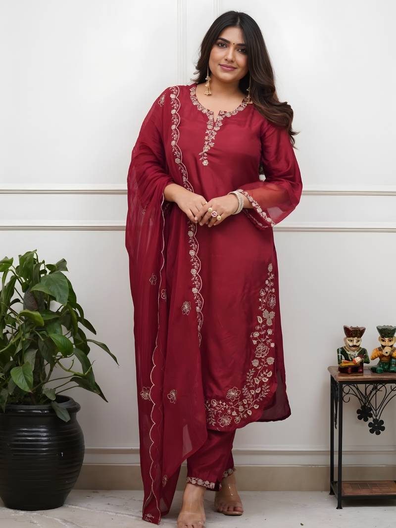 Women's Beautiful Embroidery Work Roman Silk Fabric Straight Kurta Pant and Dupatta Set