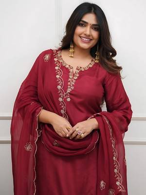 Women's Beautiful Embroidery Work Roman Silk Fabric Straight Kurta Pant and Dupatta Set 4